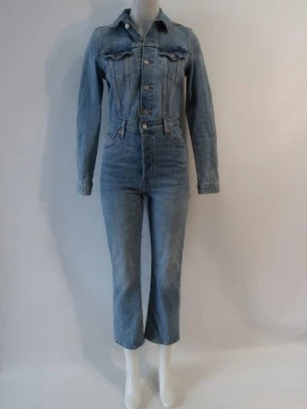 Womens Levi Strauss & Co Blue Denim Jumpsuit XS BUTTON FLY CLOSURE POCKETS PLUS